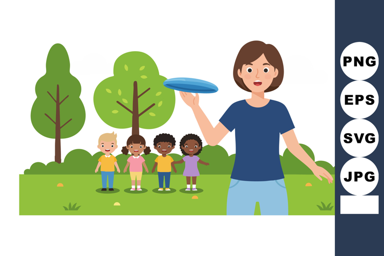 Woman playing frisbee with diverse children in green park ou