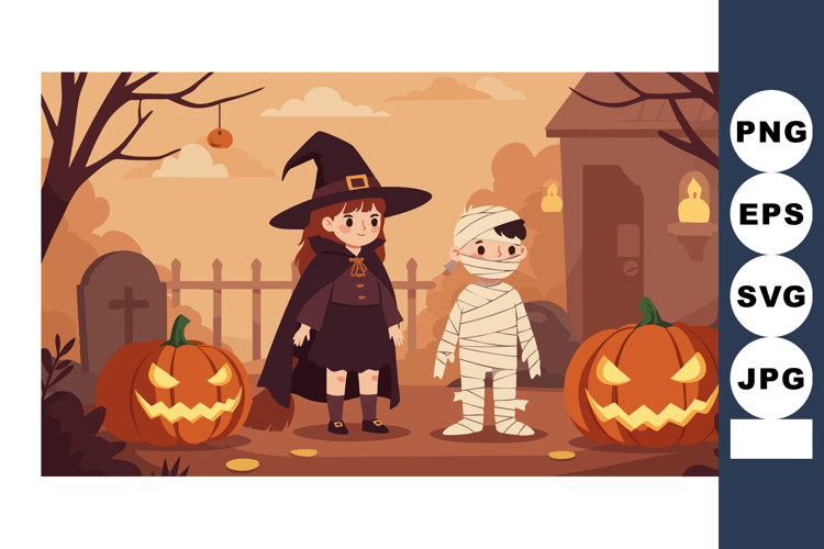 Children Halloween costumes witch and mummy with pumpkins au