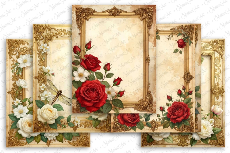 Vintage Junk Journal Pages with Red White Roses Frames