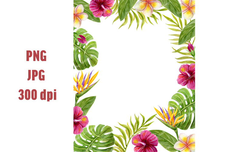 Tropical frame. Watercolor flowers palm for party invitation