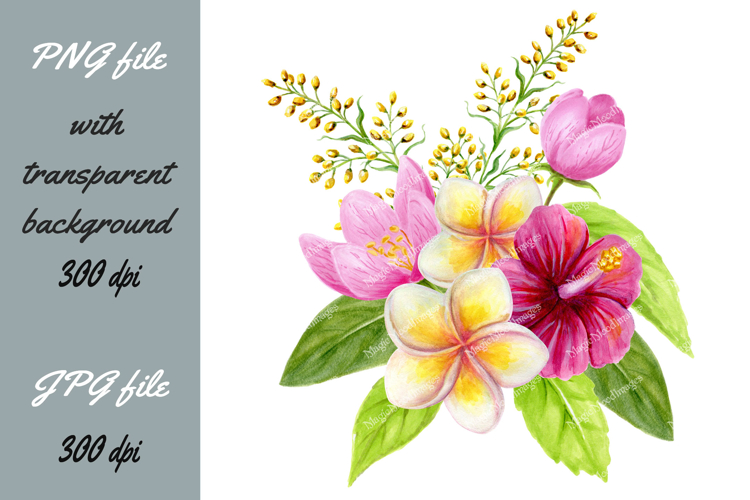 Tropical flowers and leaves bouquet Watercolor Sublimation