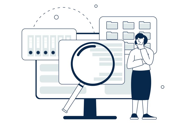 Data search concept. Woman looking for files on computer