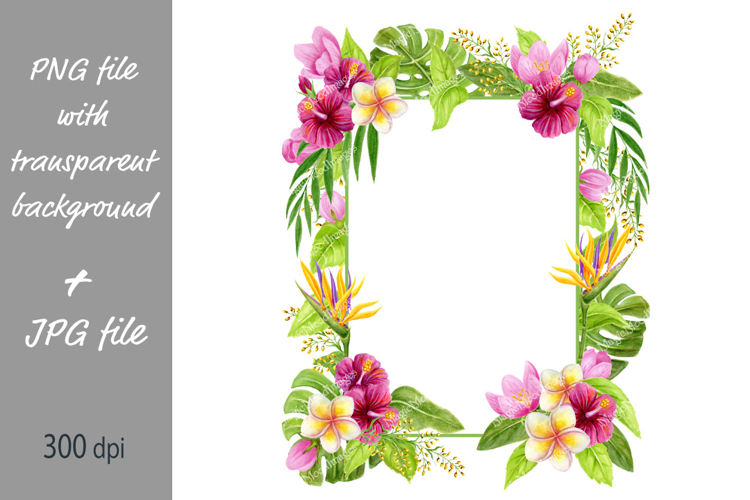 Tropical frame. Watercolor flowers palm for party invitation