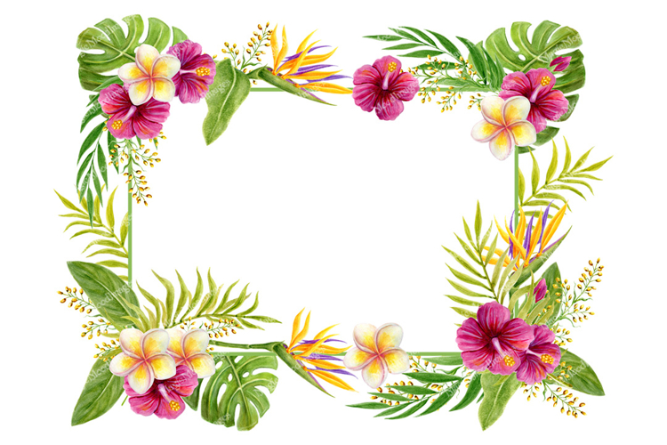 Tropical frame. Watercolor flowers palm for party invitation