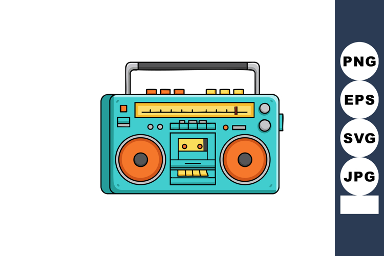 Retro boombox cassette player with turquoise body and orange