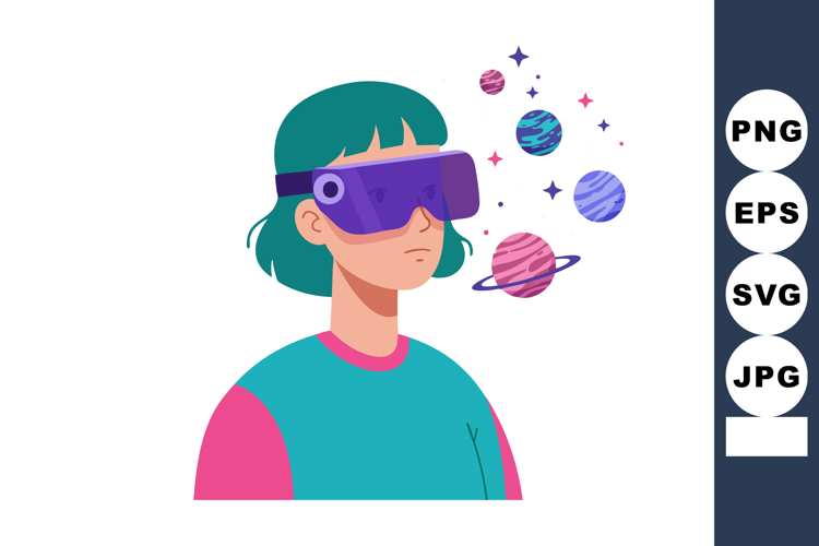 Woman wearing virtual reality headset exploring colorful pla