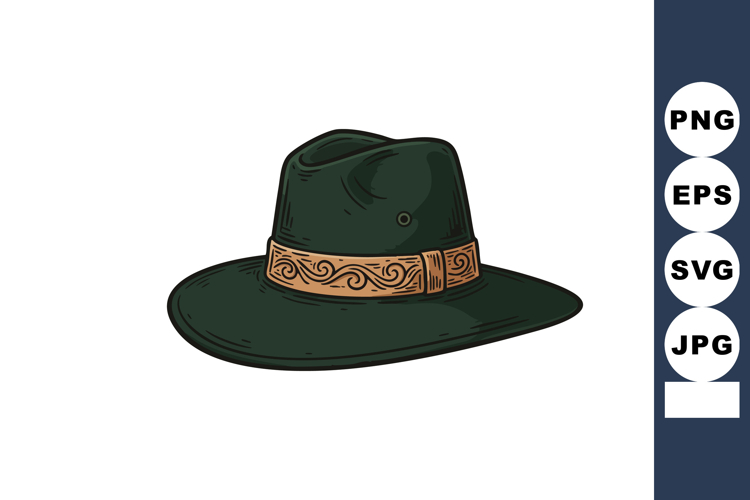 Wide Brim Green Fedora Hat with Brown Decorative Band Illust