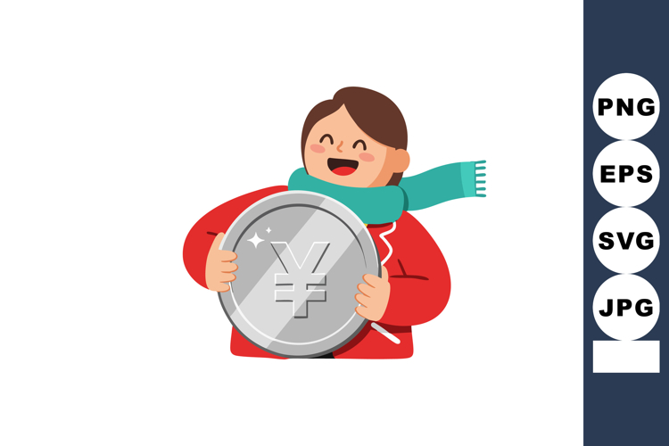 Happy person holding large silver yen coin wearing red jacke