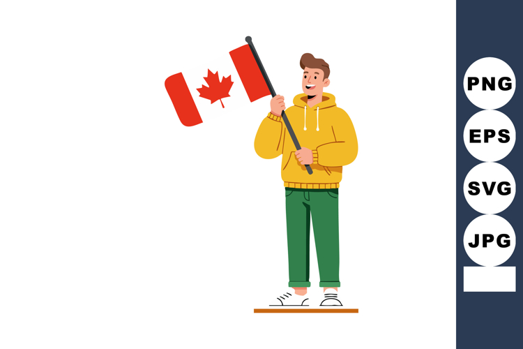 Young man holding waving Canadian flag in casual outfit vect