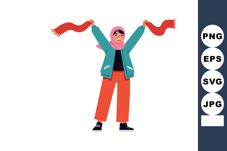 Woman in hijab holding red scarf with arms raised celebratin