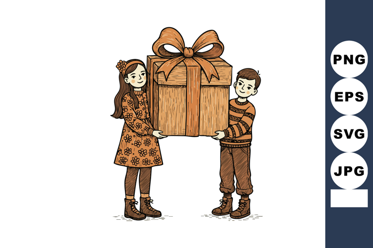 Children holding large brown gift box with bow illustration