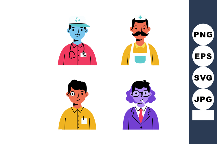 Diverse professional people avatar set with nurse doctor bus