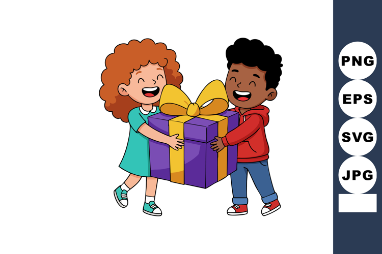Children holding large purple gift box with yellow bow happy