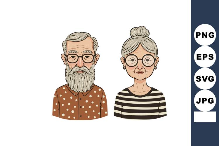 Elderly man with beard and woman with glasses in casual stri