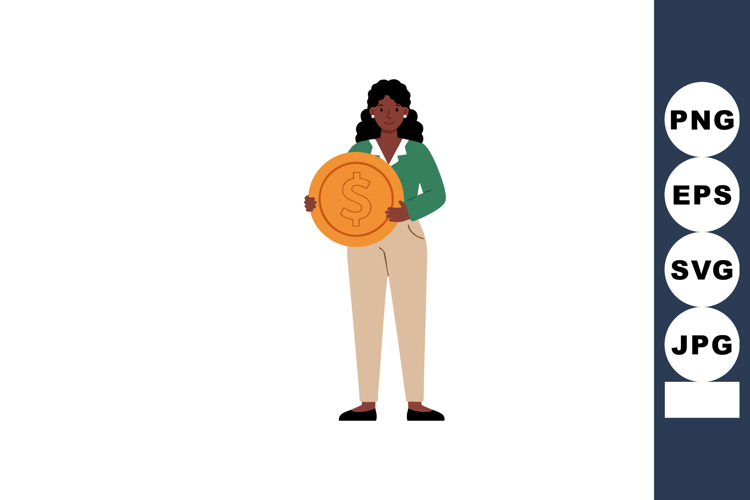 Woman holding large gold coin symbolizing financial success