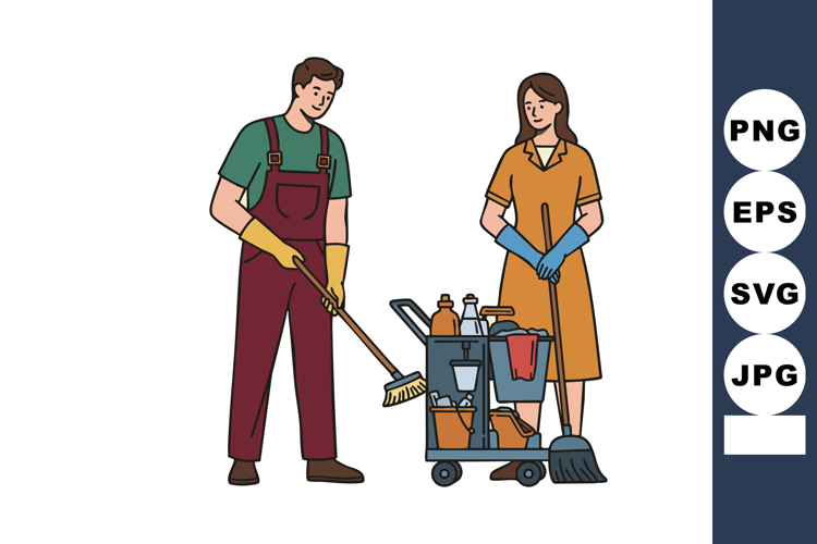 Male and Female Janitors Cleaning Together with Equipment an example image 1