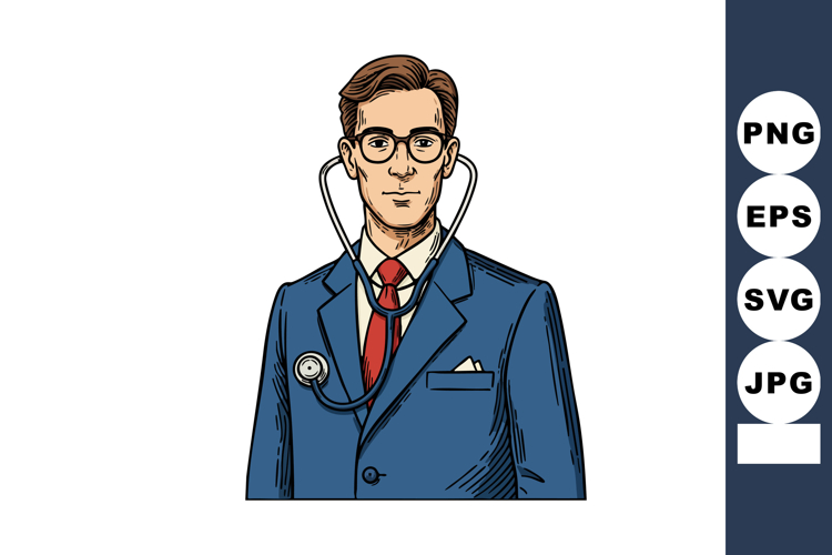 Male doctor wearing blue suit and red tie with stethoscope m example image 1