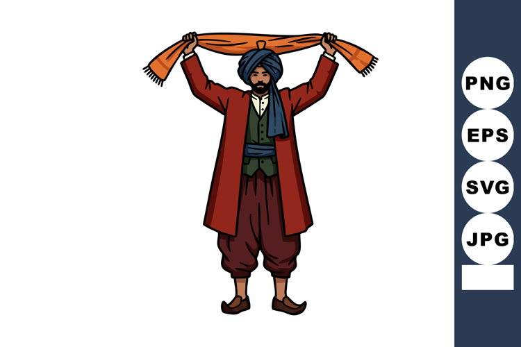 Traditional man in cultural attire holding orange scarf abov