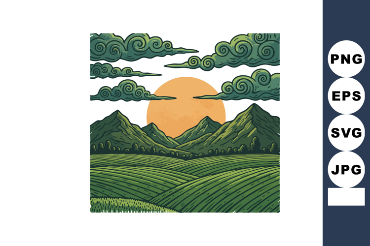 Mountain landscape with green hills under orange sunset and