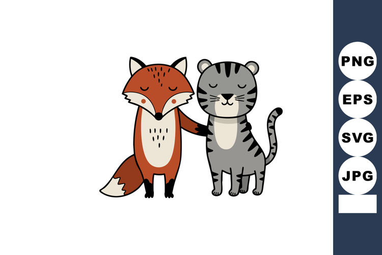 Cute fox and tiger animal friends cartoon illustration in fr