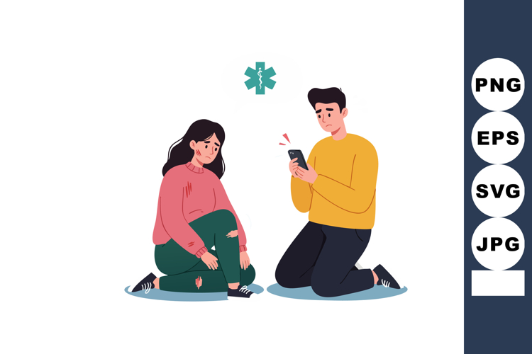 Young man calling emergency services for injured woman with