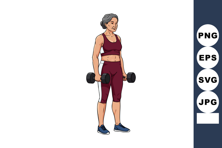 Mature woman exercising with dumbbells in burgundy sportswea
