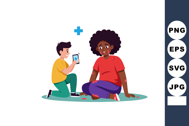 Injured woman receiving help from man using medical app on s