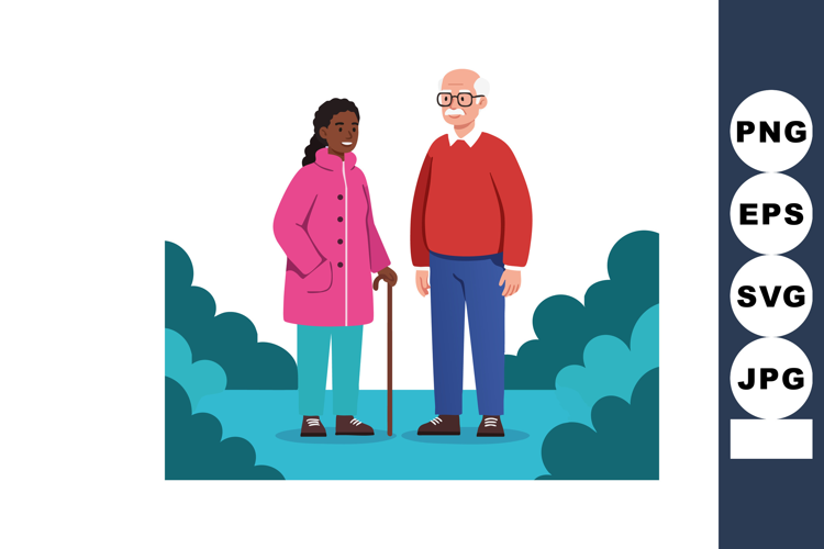 Elderly man and woman standing outdoors in colorful coats ve
