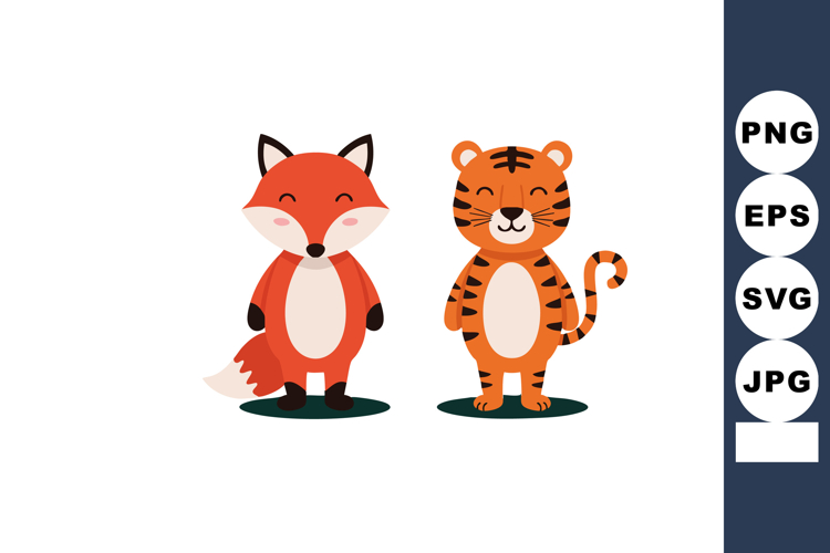 Cute fox and tiger cartoon characters standing side by side example image 1