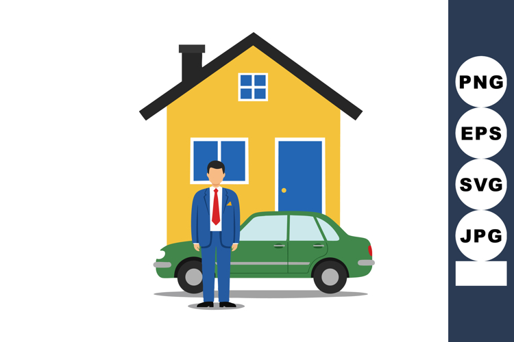 Businessman standing near green car in front of yellow house