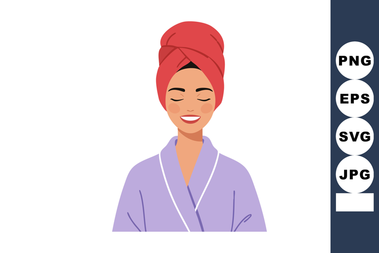 Woman in bathrobe with red towel wrapped on head smiling and