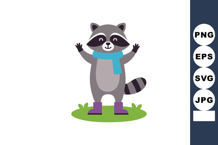 Cute raccoon wearing purple boots and blue scarf standing on