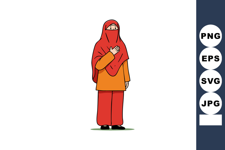 Woman wearing red hijab and orange outfit standing with hand