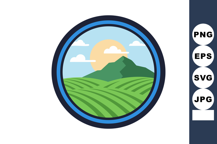 Mountain landscape with green fields and blue circular frame