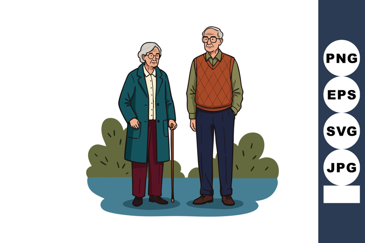 Elderly couple standing outdoors with walking cane in casual