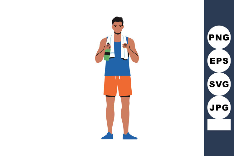 Young man in blue tank top and orange shorts holding bottle example image 1