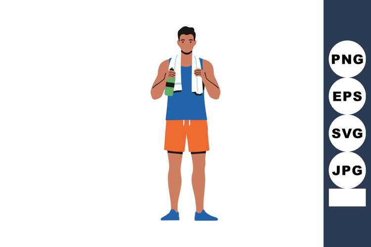 Young man in blue tank top and orange shorts holding bottle