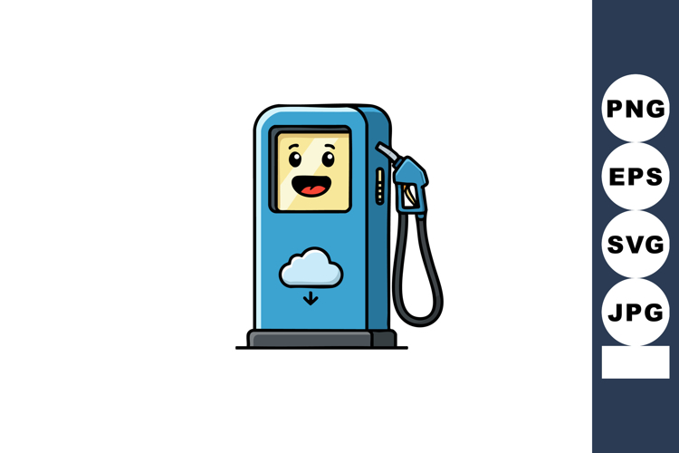 Blue smiling gas pump with cloud icon cartoon style vector i