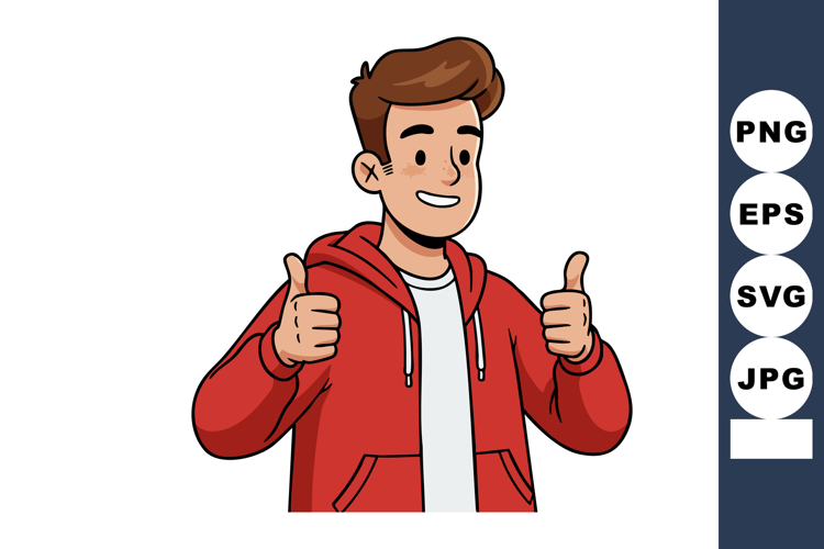 Young man in red hoodie showing thumbs up gesture smiling po