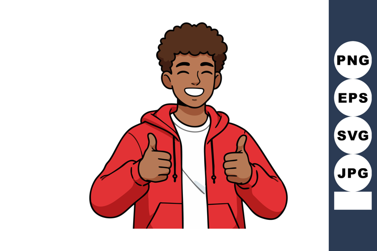 Smiling young man giving thumbs up gesture in red hoodie vec