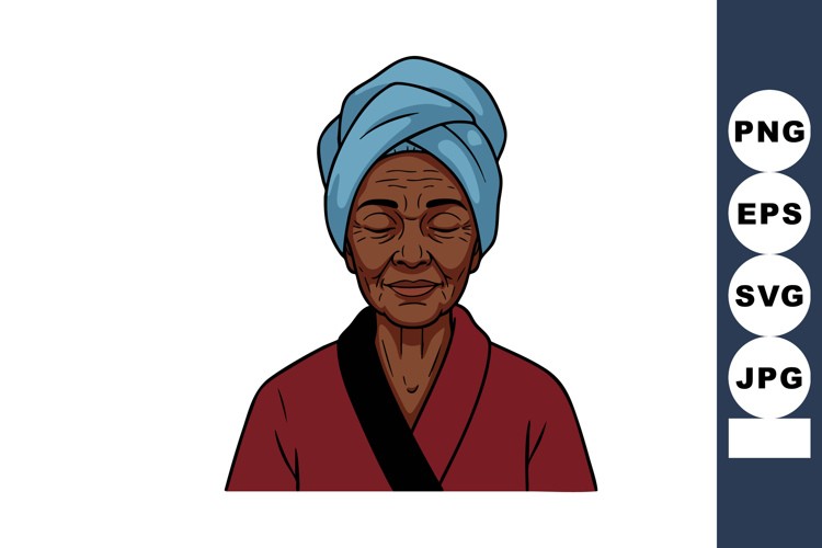 Elderly woman with blue headwrap and maroon robe peaceful po
