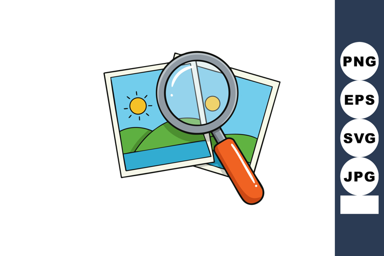 Magnifying glass inspecting landscape photos with sun and hi