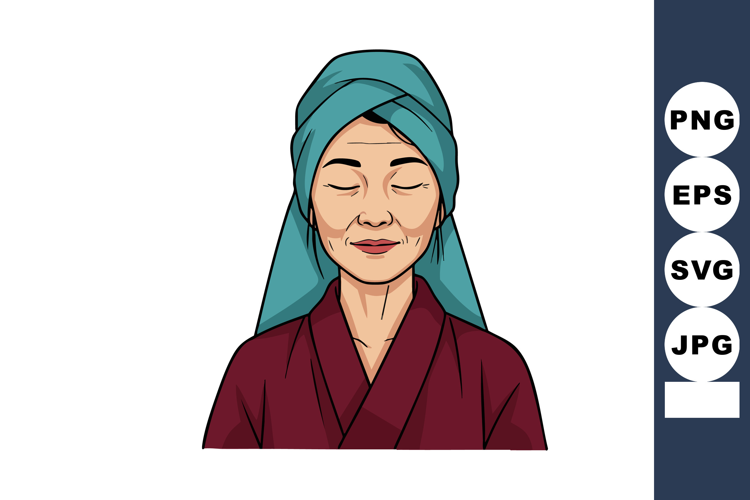 Elderly woman with teal headscarf and maroon robe peaceful e