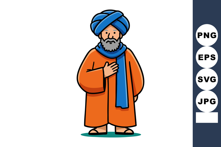 Elderly man with beard in orange robe and blue turban tradit