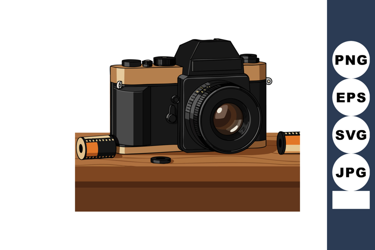 Vintage film camera with film rolls on wooden table vector i
