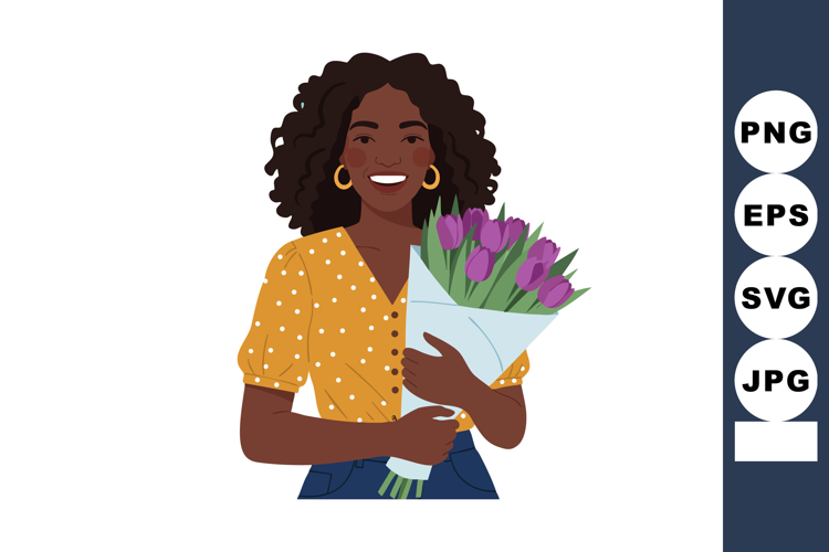 Woman holding bouquet of purple tulips wearing yellow polka