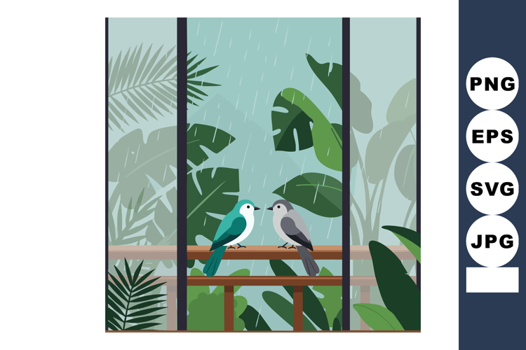 Two small birds perched on wooden railing with lush green le