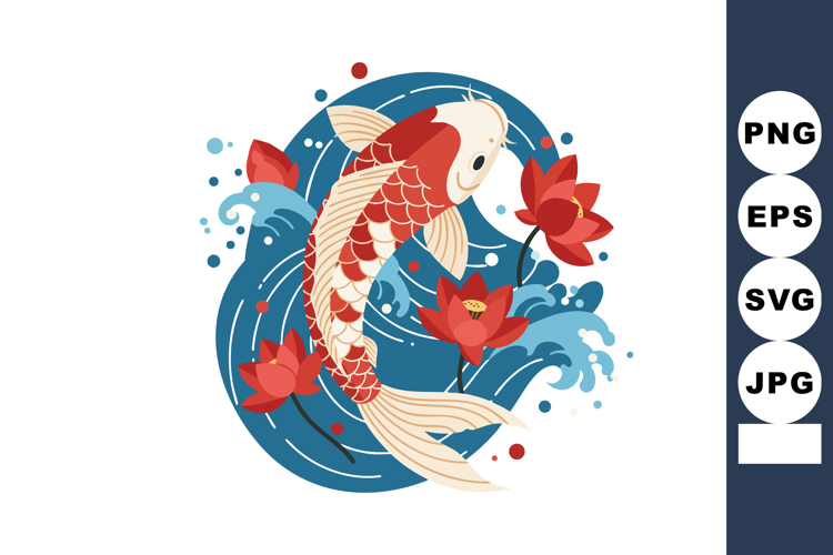 Koi Fish Swimming Among Red Lotus Flowers with Blue Water Sp