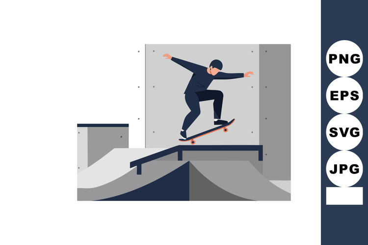 Skateboarder performing trick on rail at urban skatepark in