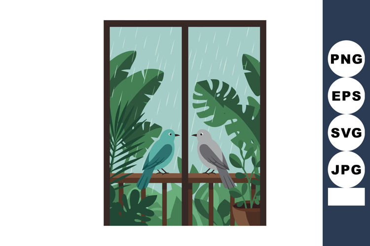 Two birds on balcony railing with green tropical leaves and